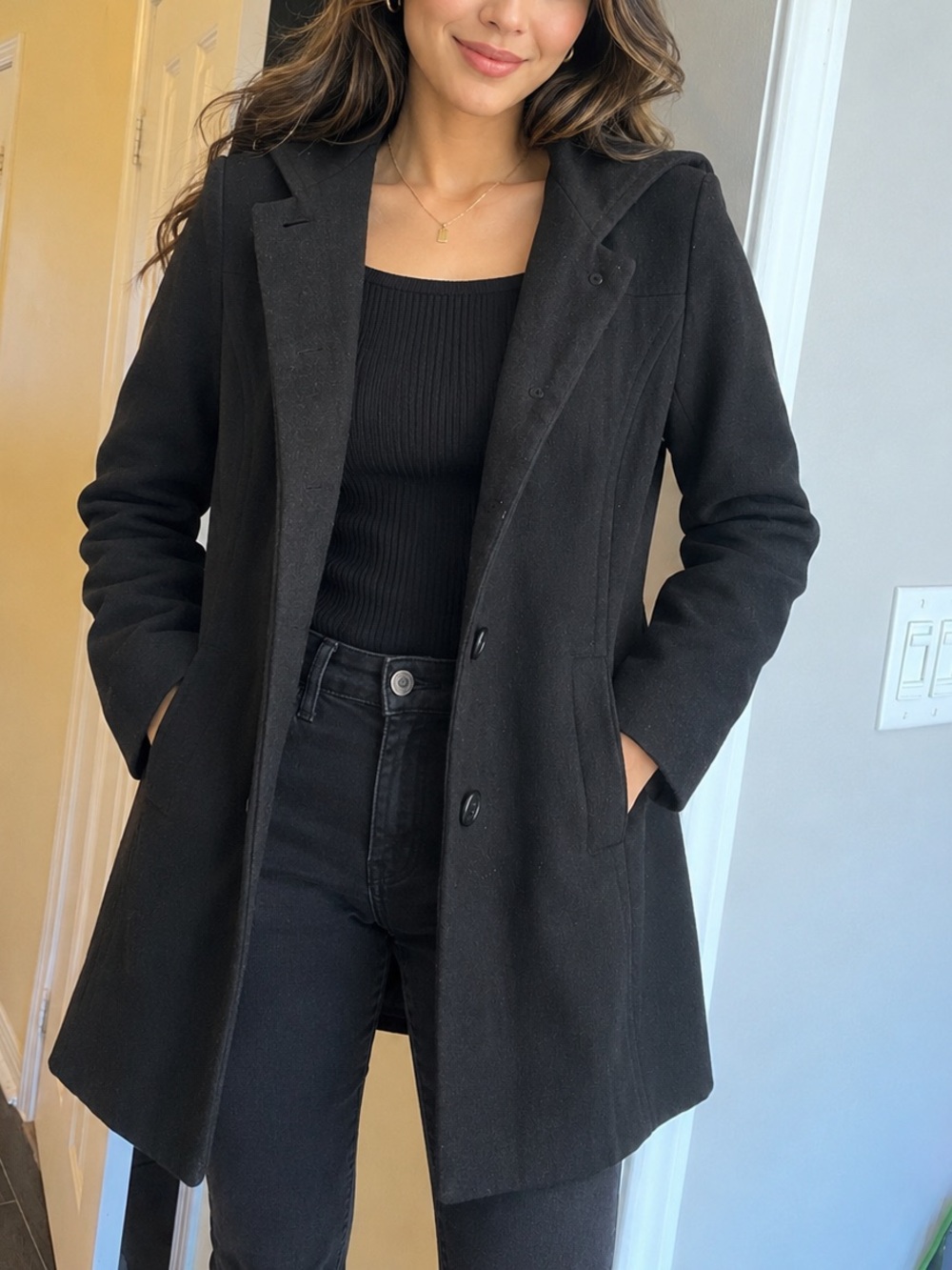 Beechers brook Black Hooded Wool-Blend Pea Coat